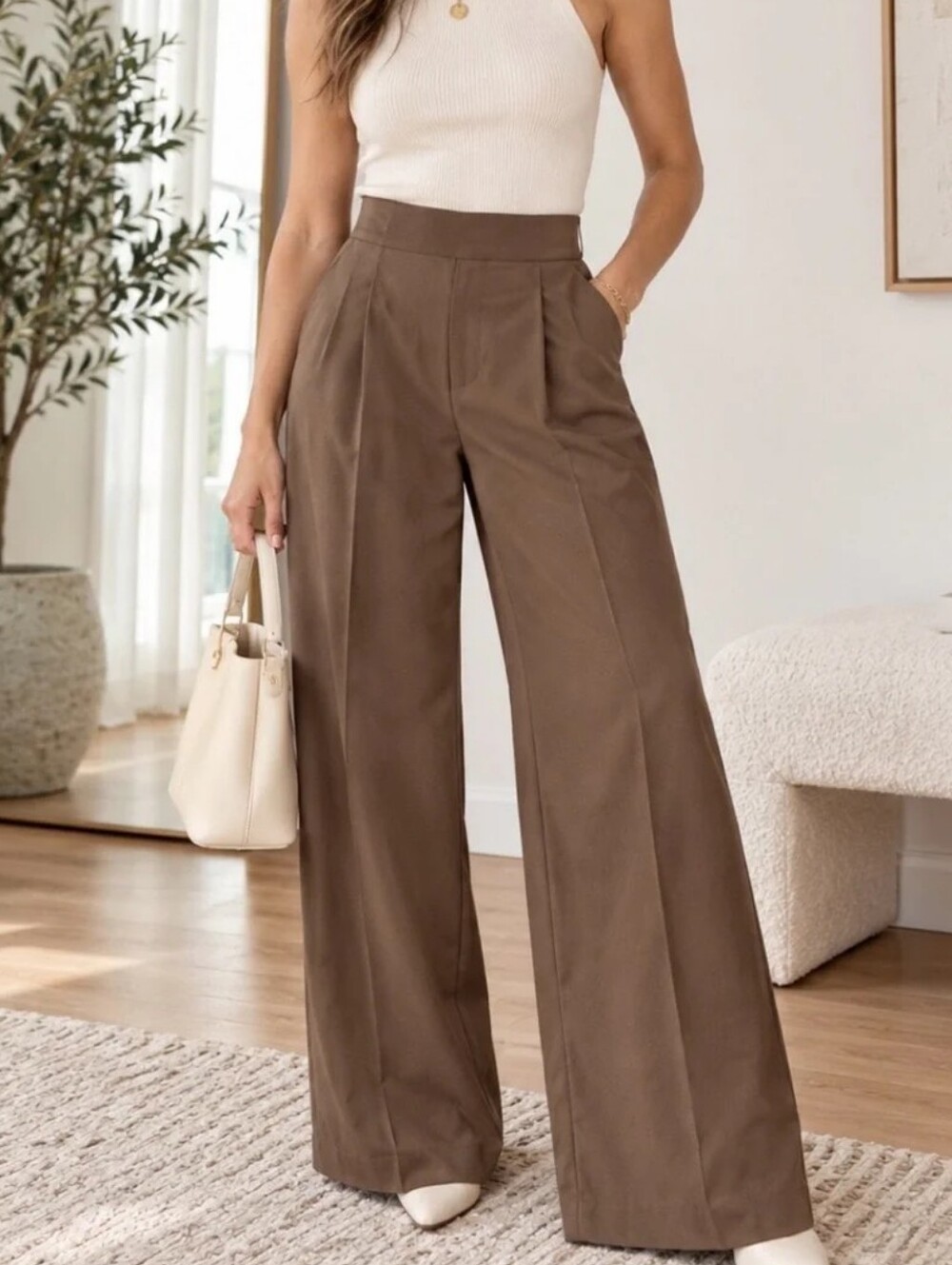 Spanx Pleated SuperSmooth Wide Leg Trousers Brown